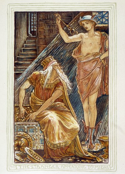 Muukalainen ilmestyy Midakselle (Hermes apparait devant Midas) - teoksessa "" Ihmekirja tytöille ja pojille: orapihlaja", kirjoittanut Walter Crane tekijältä Walter Crane
