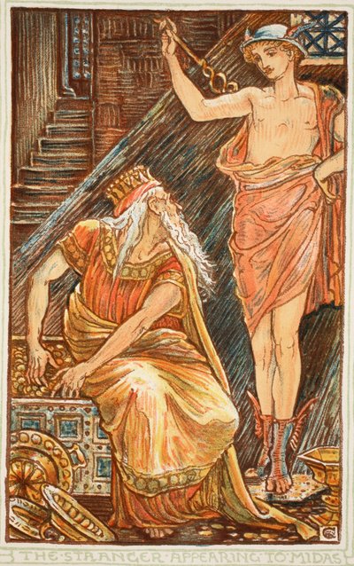Muukalainen ilmestyy Midasille, kuvitus Nathanial Hawthornen "Ihmekirjasta tytöille ja pojille", 1852 tekijältä Walter Crane