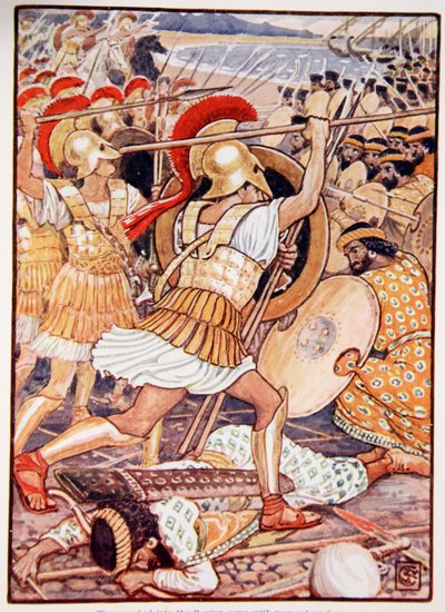 He törmäsivät Persian armeijaan valtavalla voimalla, kuvitus Mary Macgregorin kirjasta "The Story of Greece", 1. painos, 1913 (väripainatus) tekijältä Walter Crane