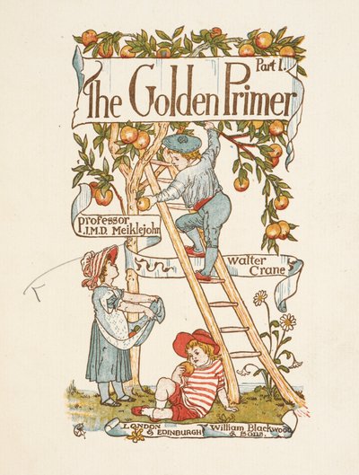 Kultaisen alukkeen otsikkosivu. Lapsi on tikkailla poimimassa omenoita puusta. tekijältä Walter Crane