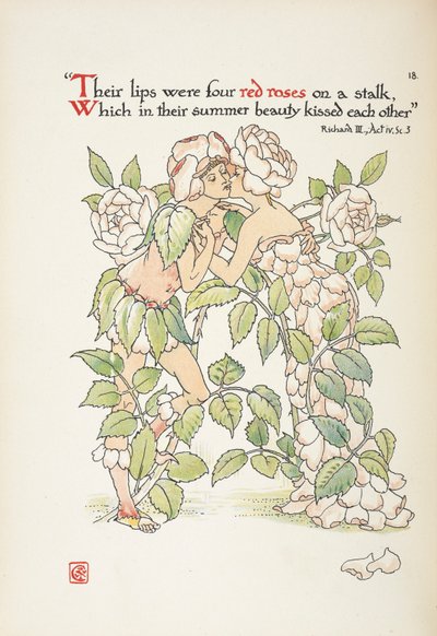 Kaksi hahmoa suutelemassa ruusuiksi pukeutuneena tekijältä Walter Crane