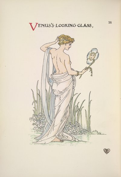 Venuksen silmälasi. Nainen ihailemassa itseään lasissa tekijältä Walter Crane