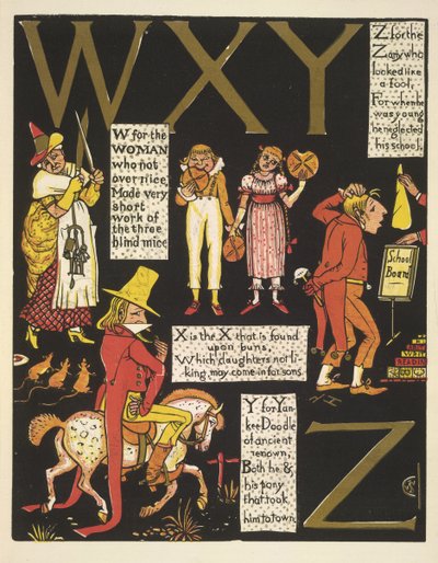 WXYZ- W naiselle, joka ei ollut liian mukava; X on X, joka löytyy sämpylistä; Y jenkki-doodlelle; ja Z hullulle, joka näytti typerältä tekijältä Walter Crane