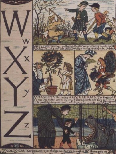 W:stä Z:hen vanhoihin lastenloruihin perustuvasta aakkosesta. tekijältä Walter Crane