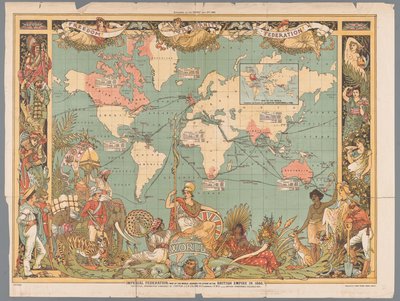 Maailmankartta, jossa näkyy Brittiläisen siirtomaa-imperiumi, 1886 Keisarillinen liitto, maailmankartta, joka näyttää Brittiläisen imperiumin laajuuden vuonna 1886 (otsikko esineessä) tekijältä Walter Crane