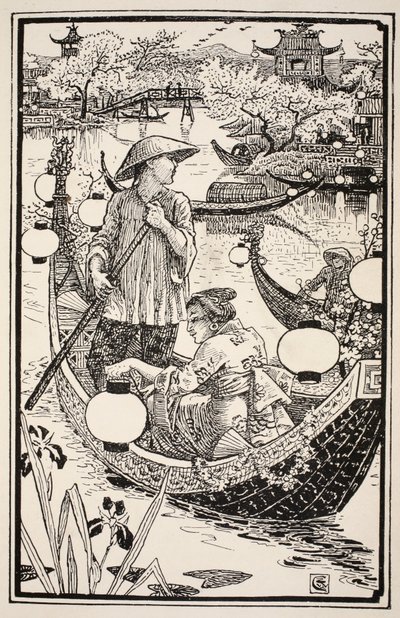 Illan tullessa he nousivat jälleen veneeseensä, vääntelevät sen kukilla keulasta perään, kuvitus rouva Burton Harrisonin kansanperinteistä ja saduista, 1885. tekijältä Walter Crane