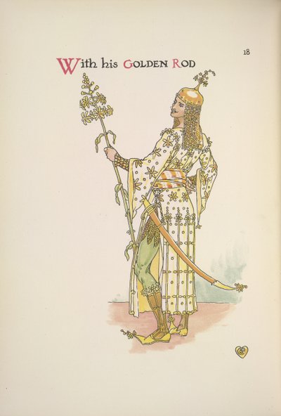 Kultaisella sauvallaan. Mies pitelee pitkävartista kasvia tekijältä Walter Crane