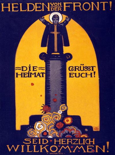 Saksan ensimmäisen maailmansodan juliste Sankareita rintamalta, Isänmaa tervehtii sinua! Tervetuloa pubiin. 1915 (väri-itografia) tekijältä Walter Ditz