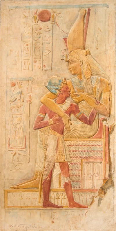 Isis imee Seti I:tä, Abydos (akvarelli) tekijältä Walter Frederick Roofe Tyndale