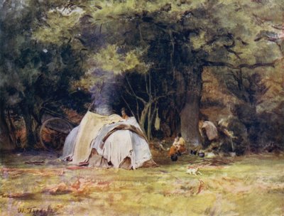Uusi metsä: The Gipsy Camp lähellä kenneleitä Lyndhurstin ja Minsteadin välillä (väri litho) tekijältä Walter Frederick Roofe Tyndale