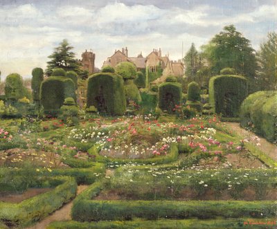 The Topiary Gardens, Levens Hall, Cumbria, 1886 (öljy kankaalle asetettu alukselle) tekijältä Walter Frederick Roofe Tyndale
