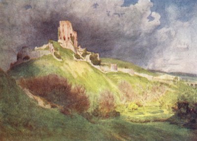 Wessex: Corfe Castle, The Hand of Ethelberta -teoksen "Corvesgate Castle" (värilitro). tekijältä Walter Frederick Roofe Tyndale
