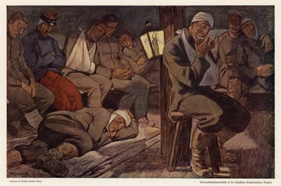 Haavoittuneet sotilaat onnettomuuksien raivausasemalla Roulersissa, Belgiassa, ensimmäinen maailmansota (väri litho) tekijältä Walter Georgi