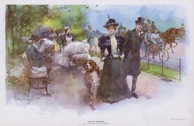 Pääsiäisaamu: nainen kävelee lemmikkikoiran kanssa (väri litho) tekijältä Walter Granville-Smith