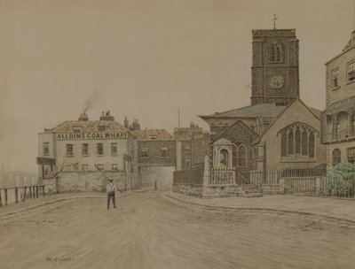 Alldins Coal Wharf ja Chelsea Old Church, Lontoo (lyijykynä ja wash paperille) tekijältä Walter Greaves
