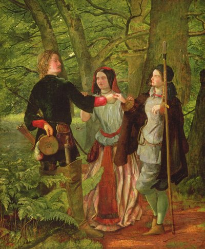 Kuten pidät - IV näytös I kohtaus - Rosalind ohjaamassa Orlandoa vihkimisseremoniassa tai Orlandon ja Rosalindin valeavioliitto, 1850 tekijältä Walter Howell Deverell