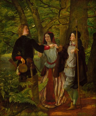 Kuten haluat - IV näytös I kohtaus - Rosalind ohjaamassa Orlandoin seremoniaa..., 1850 tekijältä Walter Howell Deverell
