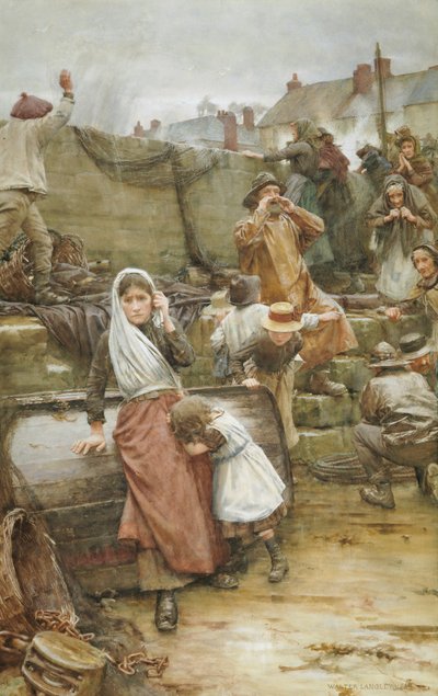 Katastrofikohtaus Cornish Fishing Villagessa, 1889 tekijältä Walter Langley