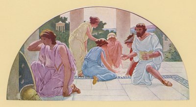Odysseus löysi Akilleen koulutytöksi naamioituneena (värilitografia). tekijältä Walter MacEwen