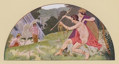 Bellerophon saa Minervalta siivekkään hevosen Pegasoksen (värilitografia). tekijältä Walter MacEwen