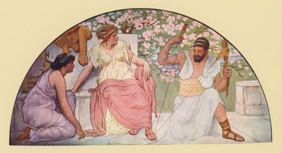 Hercules kehrää kuningatar Omphalea (värilitografia). tekijältä Walter MacEwen