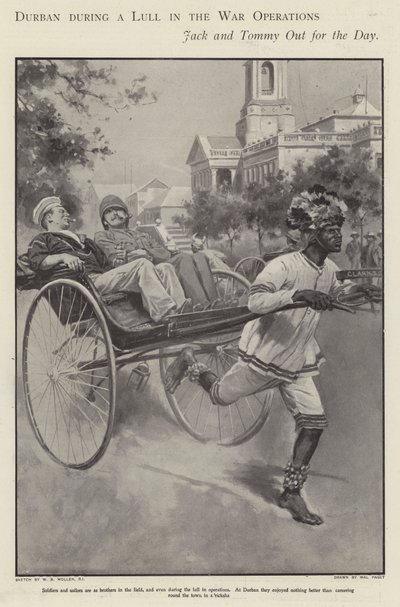 Brittiläinen merimies ja sotilas ratsastaa riksalla Durbanin kaduilla buurisodan (litho) taistelujen tauon aikana tekijältä Walter Paget