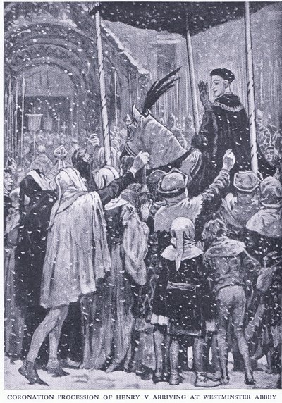 Henrik V:n kruunajaiskulkue saapumassa Westminster Abbeyyn 1413, Waverley Book Company Limitedin julkaisemasta Cassells History of the British People -teoksesta, n. 1940. tekijältä Walter Paget