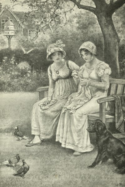 Jane Austen ompelee sisarensa Cassandran kanssa pappilan puutarhassa (litho) tekijältä Walter Paget