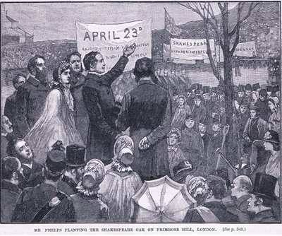 Herra Phelps istuttaa Shakespeare-tammea Primrose Hillille Lontoossa 1864 jKr tekijältä Walter Paget