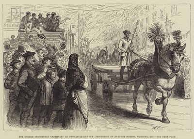 George Stephensonin satavuotisjuhla Newcastle-on-Tynessä, vetohevosten, vaunujen jne. kulkueet tekijältä Walter Paget
