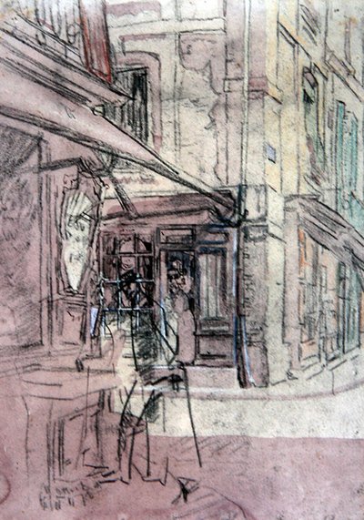 Kauppa Dieppessä, n. 1907 (muste, värillinen pastelli ja akvarelli paperille) tekijältä Walter Richard Sickert