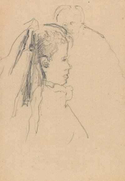 Tytön pää ja rintakuva profiilissa oikealle, miehen pää kokonaan edessä, takana (grafiitti paperille). tekijältä Walter Richard Sickert