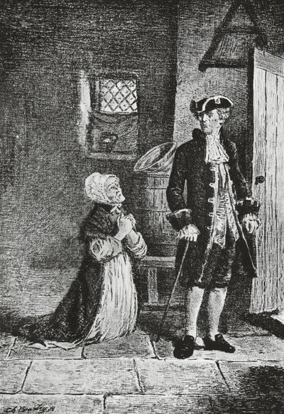Elspeth ja Lord Glenallan, kuvitus antikvariaatille, Walter Scottin (1771-1832) historiallinen romaani, kaiverrus tekijältä Walter Scott