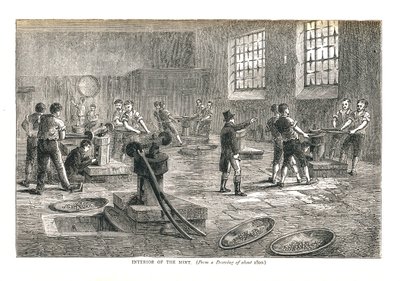 Rahapajan sisustus piirroksesta noin vuodelta 1800, 1878 tekijältä Walter Thornbury