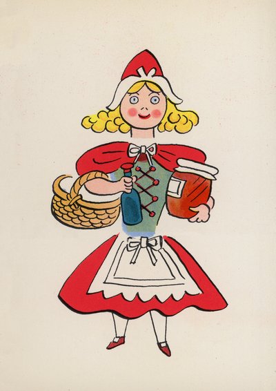 Lukuja lastenkirjoista: Punahilkka (värilitografia). tekijältä Walter Trier