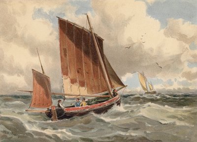 Ranskalainen Lugger seisoo merellä (värilitografia). tekijältä Walter William May