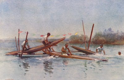 Uusi-Seelanti: Kanootti Hurdle Race (värillinen litografia): Canoe Hurdle Race (värillinen litografia) tekijältä Walter Wright