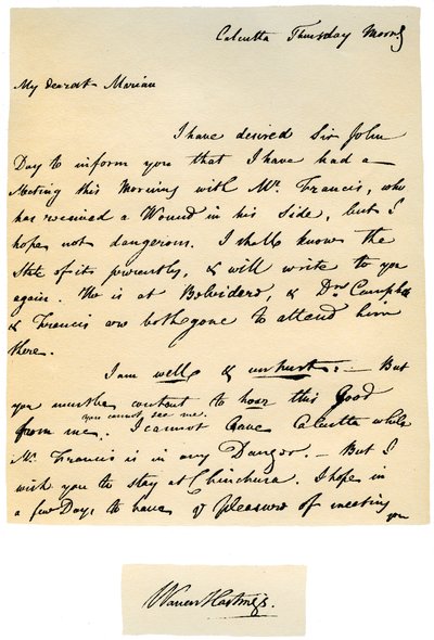 Bengalin kenraalikuvernöörin Warren Hastingsin kirje vaimolleen, 17. elokuuta 1780. tekijältä Warren Hastings