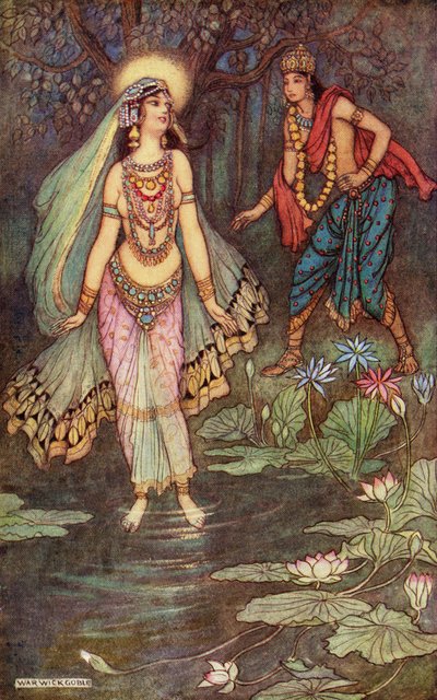 Shantanu meets the Goddess Ganga, kuvitus Donald A. Mackenzien vuonna 1913 julkaisemasta teoksesta 