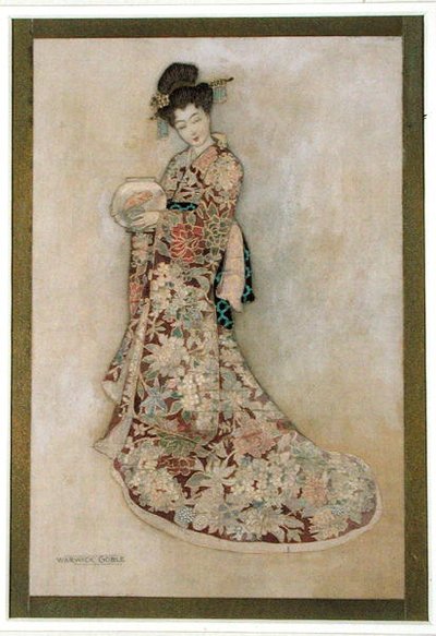 Geisha Girl (akvarelli ja kulta pellavalle) tekijältä Warwick Goble