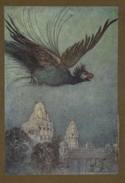 Levy 10: "Hirmivä lintu tulee ilmeisesti ulos palatsista", Folk-Tales of Bengal ... 32 värikuvitusta Warwick Goblesta (Edition de luxe.) 1914 (väri litho) tekijältä Warwick Goble
