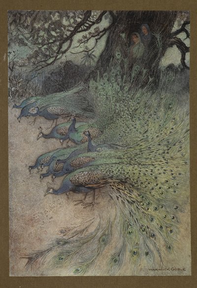 Levy 11: "Sadat upeat piikit tulivat pengerreille syömään khaita", Folk-Tales of Bengal -julkaisusta... 32 Warwick Goblen värillistä kuvitusta. (De luxe -versio.) tekijältä Warwick Goble