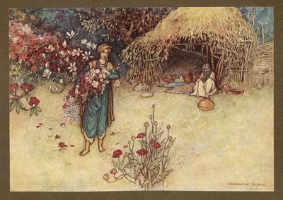 Levy 17: "Aamunkoitolla hänellä oli tapana teurata kukkia ensimmäisessä", Folk-Tales of Bengal... 32 värillistä Warwick Goblen kuvitusta. (De luxe -versio.) tekijältä Warwick Goble
