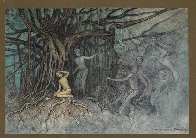 Levy 19: "Sillä hetkellä, kun ensimmäinen veto annettiin, monet haamut ryntäsivät kohti Brahmania "Folk-Tales of Bengal ... 32 värillisellä Warwick Goblen kuvituksella (Edition de luxe.) tekijältä Warwick Goble
