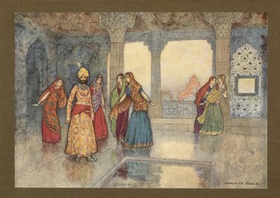 Levy 25: "Kuusi kuningatarta yritti lohduttaa häntä", julkaisusta Folk-Tales of Bengal... 32 Warwick Goblen värillistä kuvitusta. (Edition de luxe.) 1914 (väri litho) tekijältä Warwick Goble