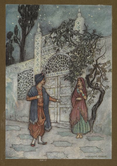 Levy 2: "Prinssi heräsi henkiin ja käveli ympäriinsä, näki ihmishahmon lähellä porttia", Folk-Tales of Bengal... 32 värillistä Warwick Goblen kuvitusta tekijältä Warwick Goble