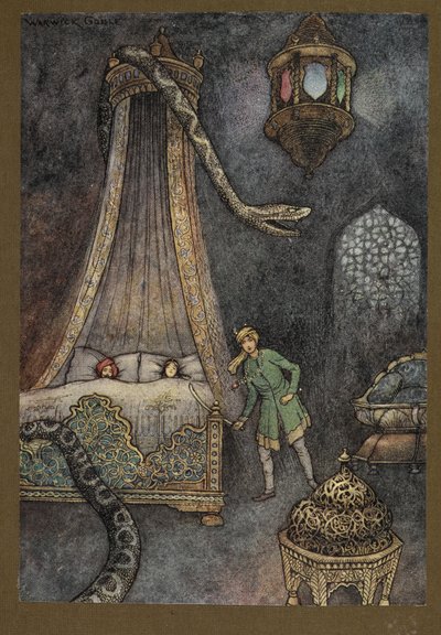 Levy 3: "Hän ryntäsi ulos piilopaikastaan ja tappoi käärmeen", julkaisusta Folk-Tales of Bengal... 32 Warwick Goblen värillistä kuvitusta. (Edition de luxe) tekijältä Warwick Goble