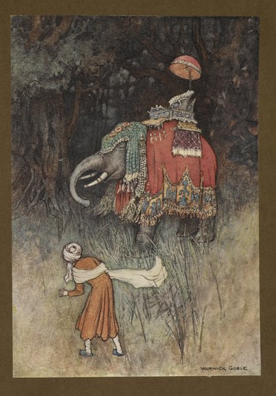 Levy 8: "Yhtäkkiä elefantti uppoutui polunsa poikki", Folk-Tales of Bengal... 32 värillistä Warwick Goblen kuvitusta (Edition de luxe) tekijältä Warwick Goble