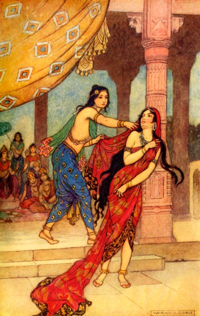 "Kuningatar Draupadin koettelemus", 1913. tekijältä Warwick Goble