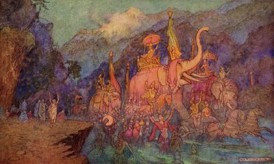 Kahdeksantoista päivän taistelussa surmattujen sankarien paluu, kuvitus Donald A. Mackenzien teoksesta "Intian myytti ja legenda", julkaistu vuonna 1913 tekijältä Warwick Goble
